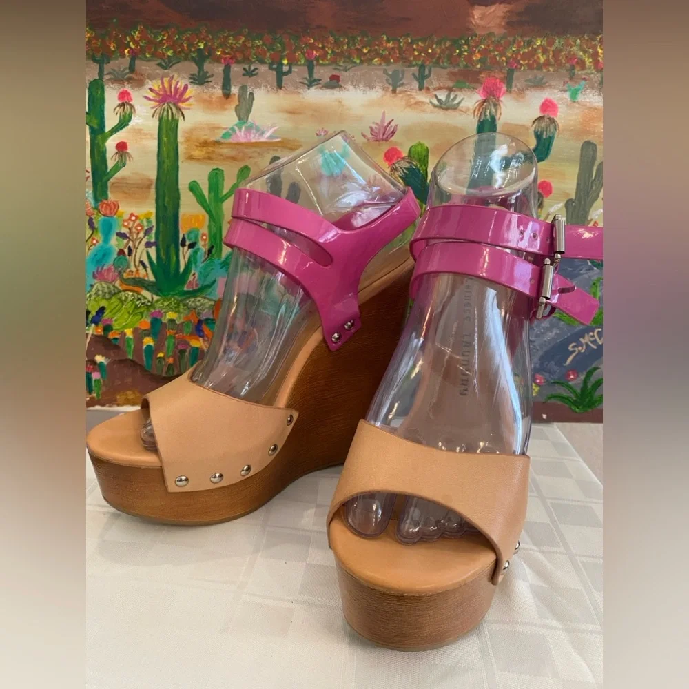 Chinese Laundry, Jungle Gym, Leather Platform Wedge Sandals, Pink/Tan, W Size 7 - Picture 16 of 16